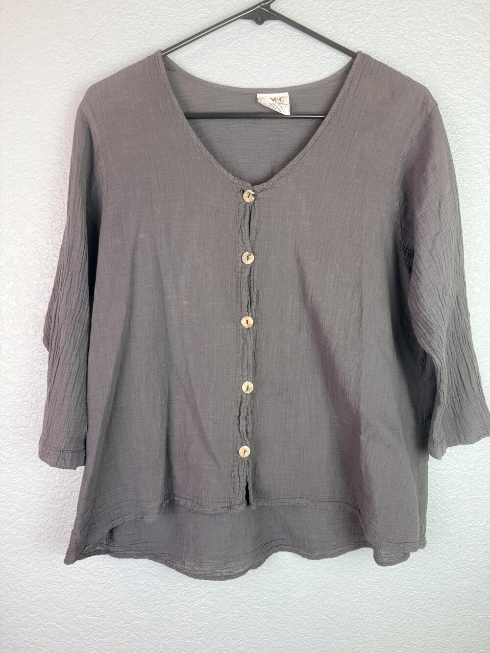 Color Me Cotton Blouse Womens Medium Gray Button Front 3/4 Sleeve Made USA Top
